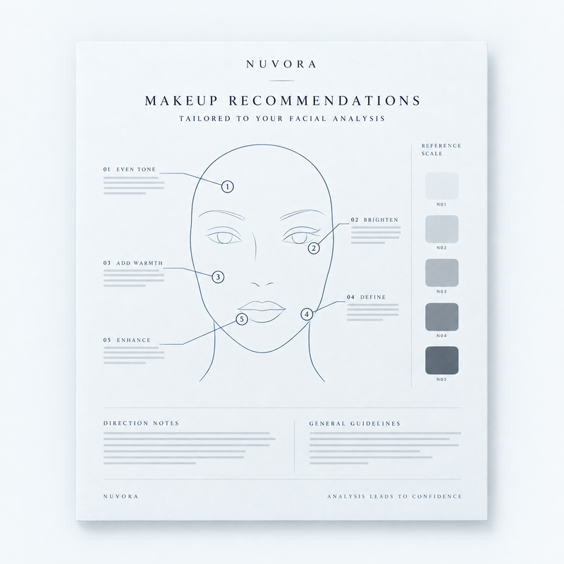 NUVORA Makeup Recommendations: an application direction sheet with numbered markers across a face diagram and a neutral grey reference scale.