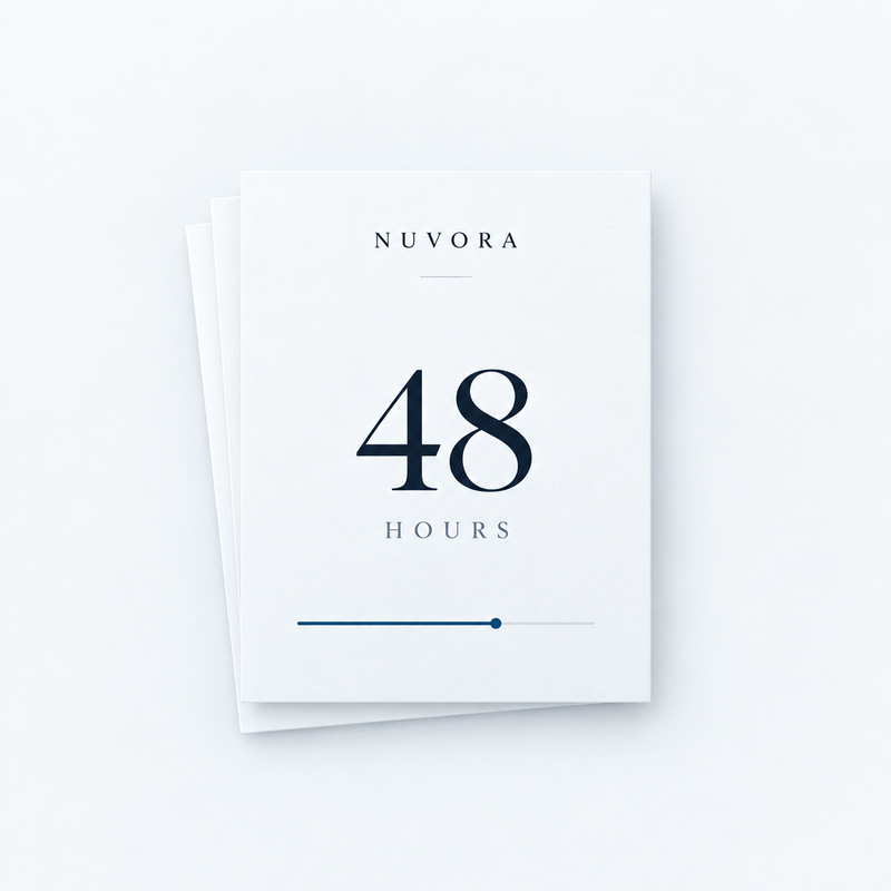 NUVORA Priority Delivery: a card marked 48 hours above a progress indicator, resting on a small stack of reports.