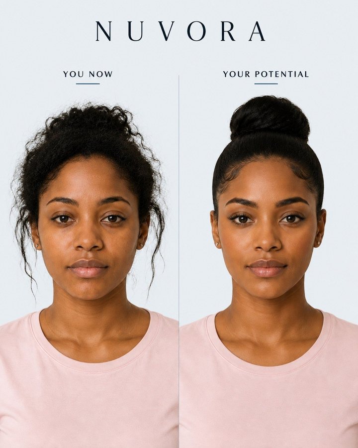 Before and after: a woman with curly hair, shown first with hair pulled back loosely with flyaways, then in a sleek high bun with defined brows.