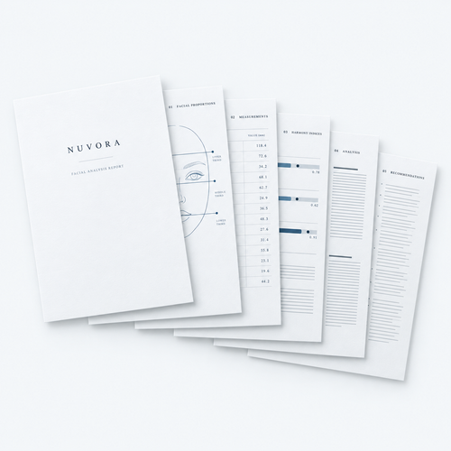 NUVORA Complete Blueprint: a printed facial analysis report fanned open to show its proportions diagram, measurement table and harmony indices pages.