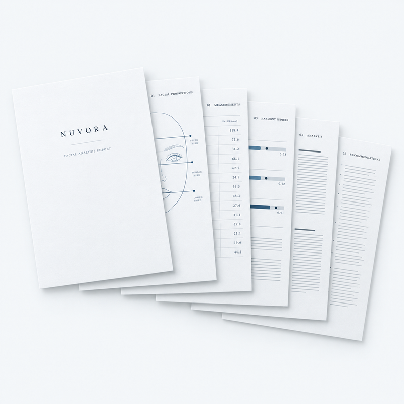 NUVORA Complete Blueprint: a printed facial analysis report fanned open to show its proportions diagram, measurement table and harmony indices pages.