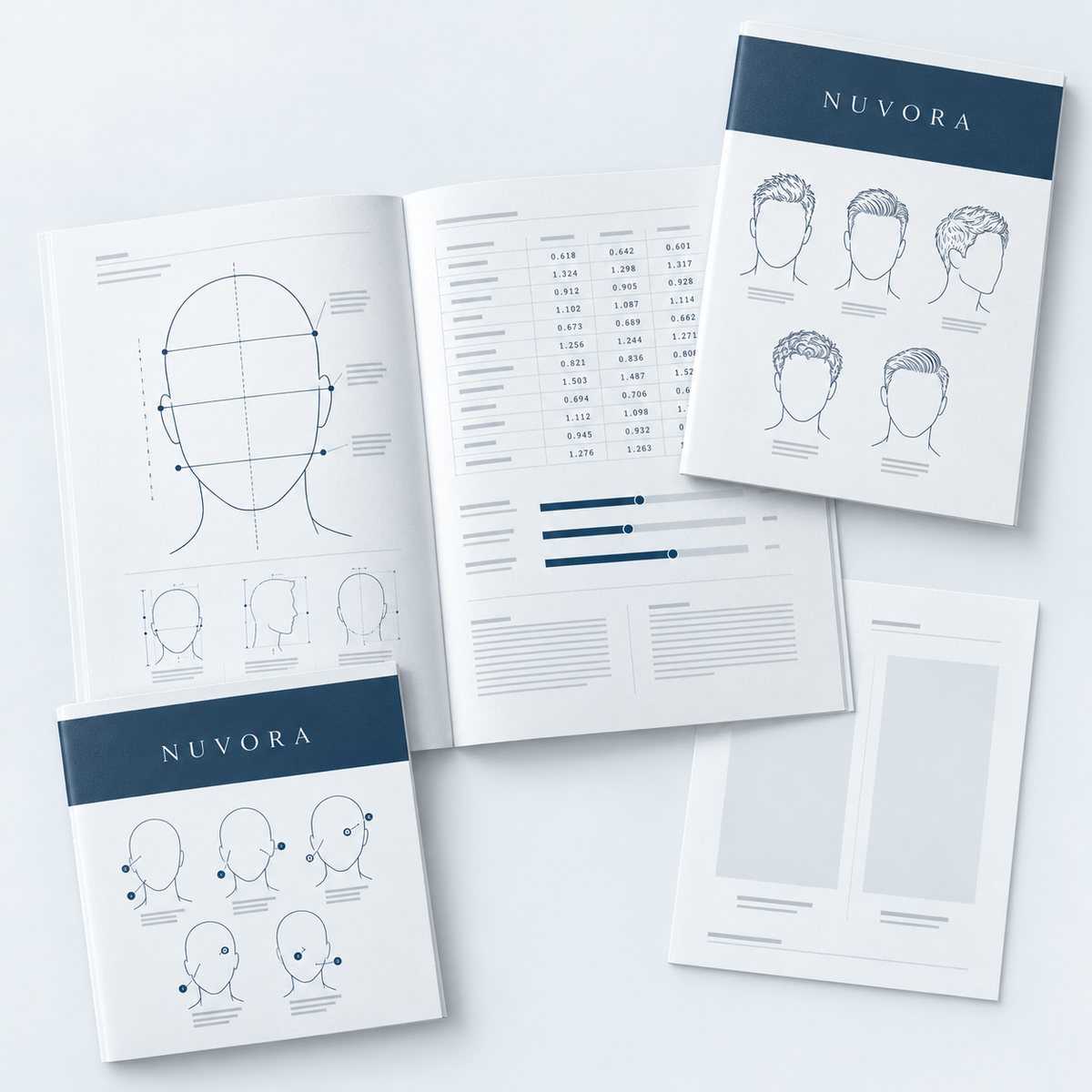 NUVORA Complete Bundle: the facial analysis report open at a measurement spread, with the hairstyle and makeup recommendation modules and a before-and-after sheet.