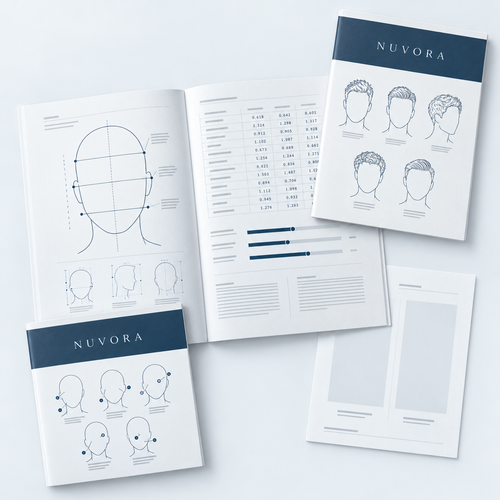 NUVORA Complete Bundle: the facial analysis report open at a measurement spread, with the hairstyle and makeup recommendation modules and a before-and-after sheet.