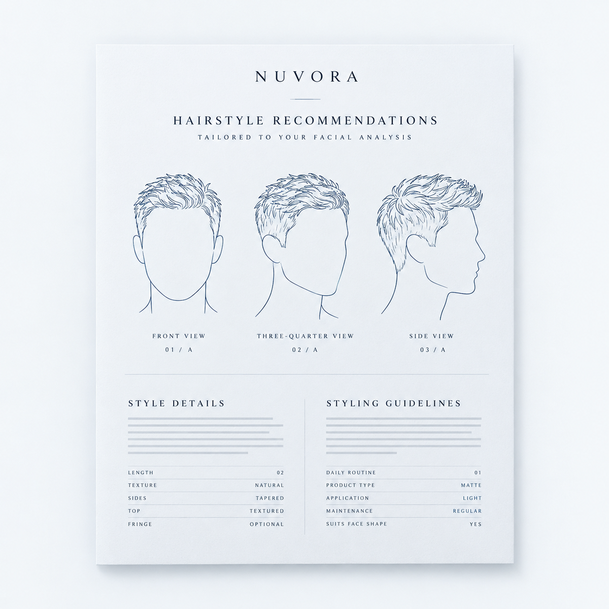 NUVORA Hairstyle Recommendations: a direction sheet showing front, three-quarter and side views of a recommended cut, with style details and styling guidelines.