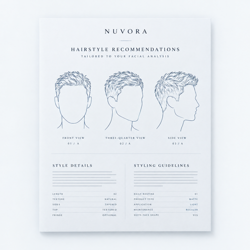 NUVORA Hairstyle Recommendations: a direction sheet showing front, three-quarter and side views of a recommended cut, with style details and styling guidelines.