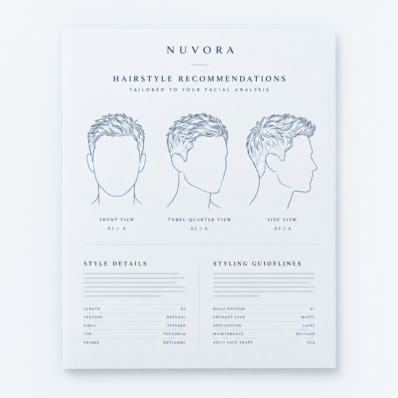 NUVORA Hairstyle Recommendations: a direction sheet showing front, three-quarter and side views of a recommended cut, with style details and styling guidelines.