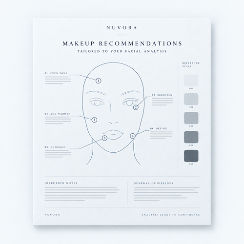NUVORA Makeup Recommendations: an application direction sheet with numbered markers across a face diagram and a neutral grey reference scale.