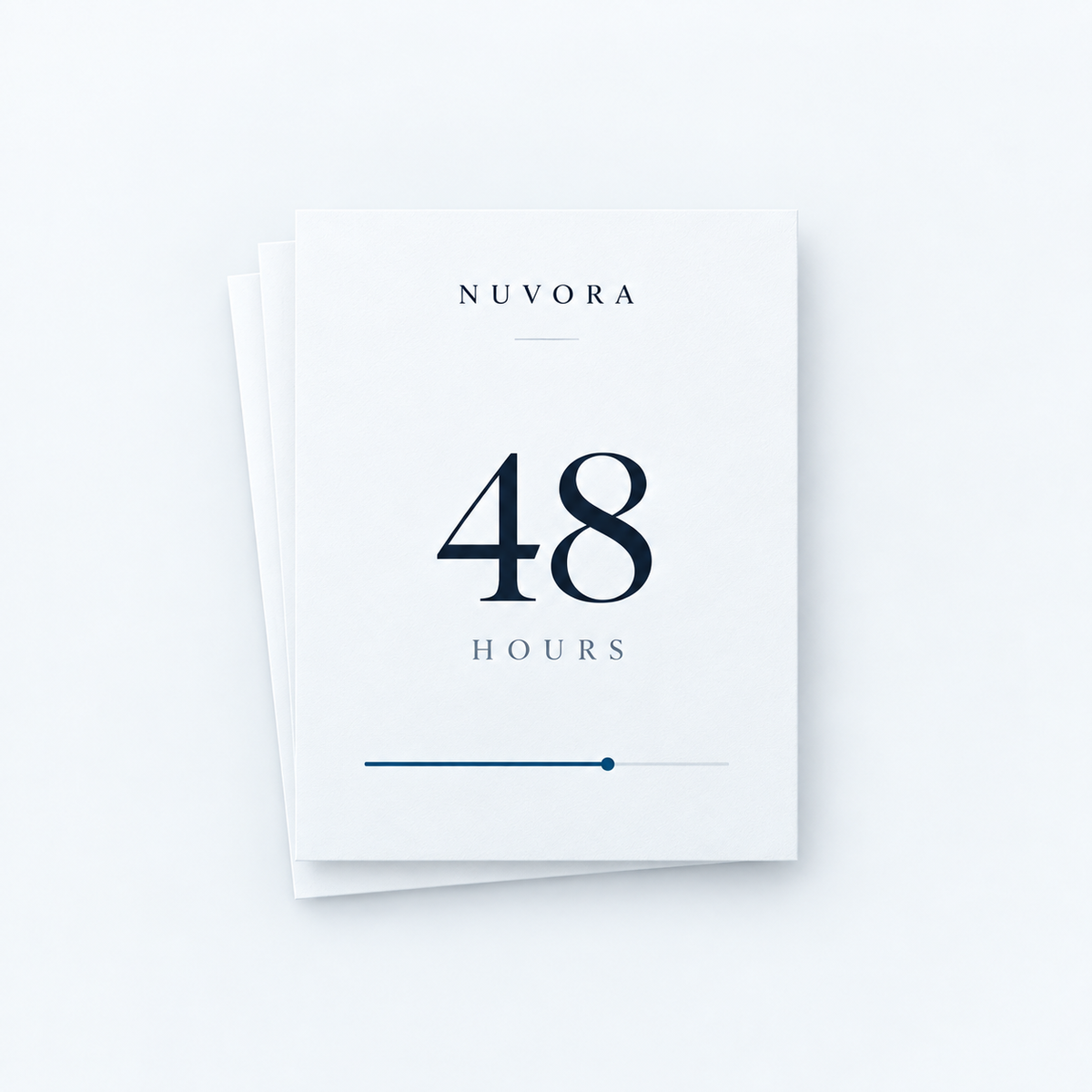NUVORA Priority Delivery: a card marked 48 hours above a progress indicator, resting on a small stack of reports.