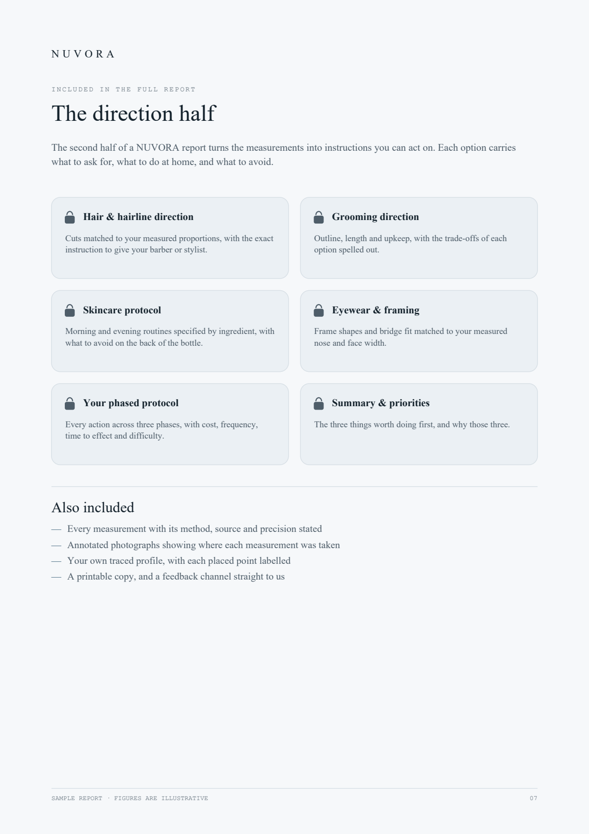 NUVORA sample report, page 7 of 8 — The direction half — included in the full report
