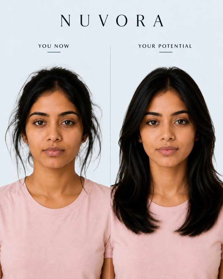 Before and after: a woman with long dark hair, shown first with loose unstyled hair and flyaways, then with smooth blow-dried layers framing the face.