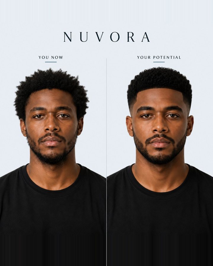 Before and after: a man with an afro, shown first with an untapered shape and uneven beard line, then with a tapered cut, defined hairline and shaped beard.