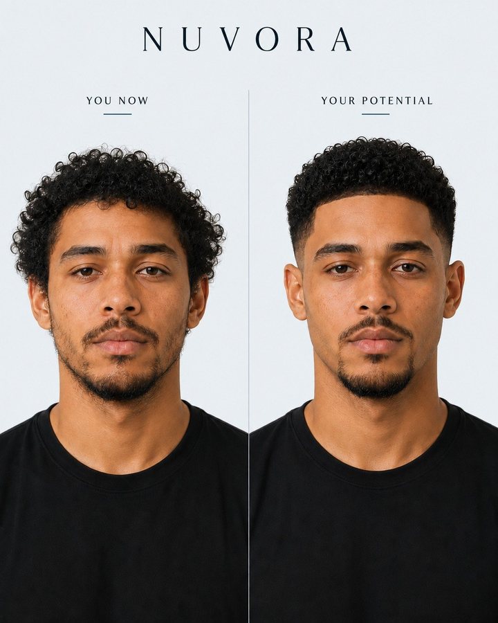 Before and after: a man with curly hair, shown first with loose undefined curls, then with the curls shaped and the sides tapered.