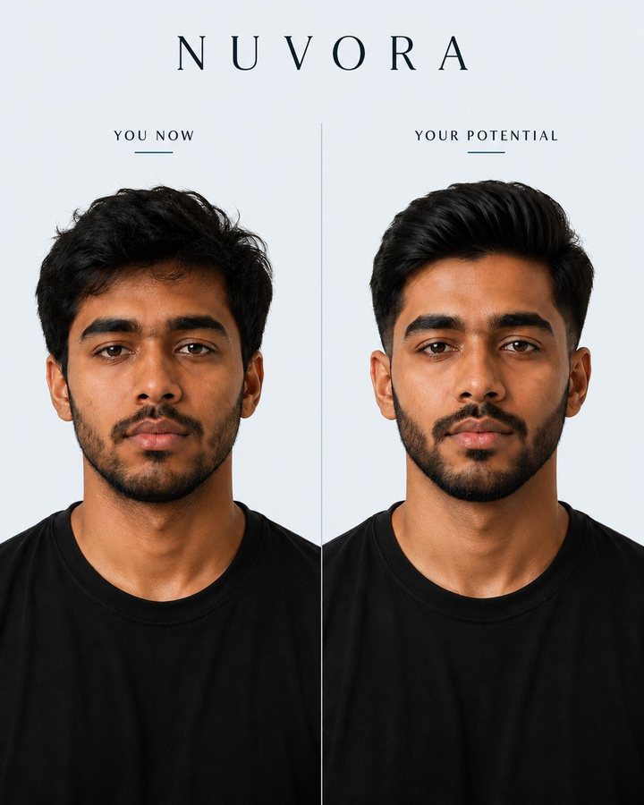 Before and after: a man with dark hair, shown first with flat unstyled hair, then with a volumised side-swept style and a defined beard.