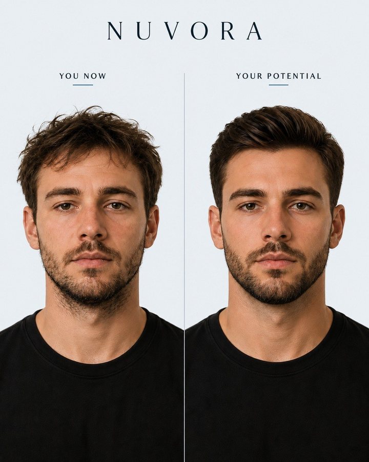 Before and after: a man with mid-brown hair, shown first with an unstyled fringe, then with a swept-back cut and a tidied beard line.