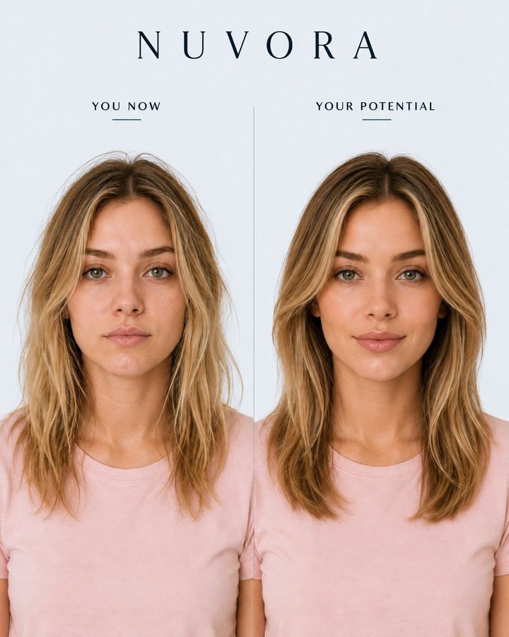 Before and after: a woman with blonde hair, shown first with dry undefined lengths, then with styled layers and soft movement.
