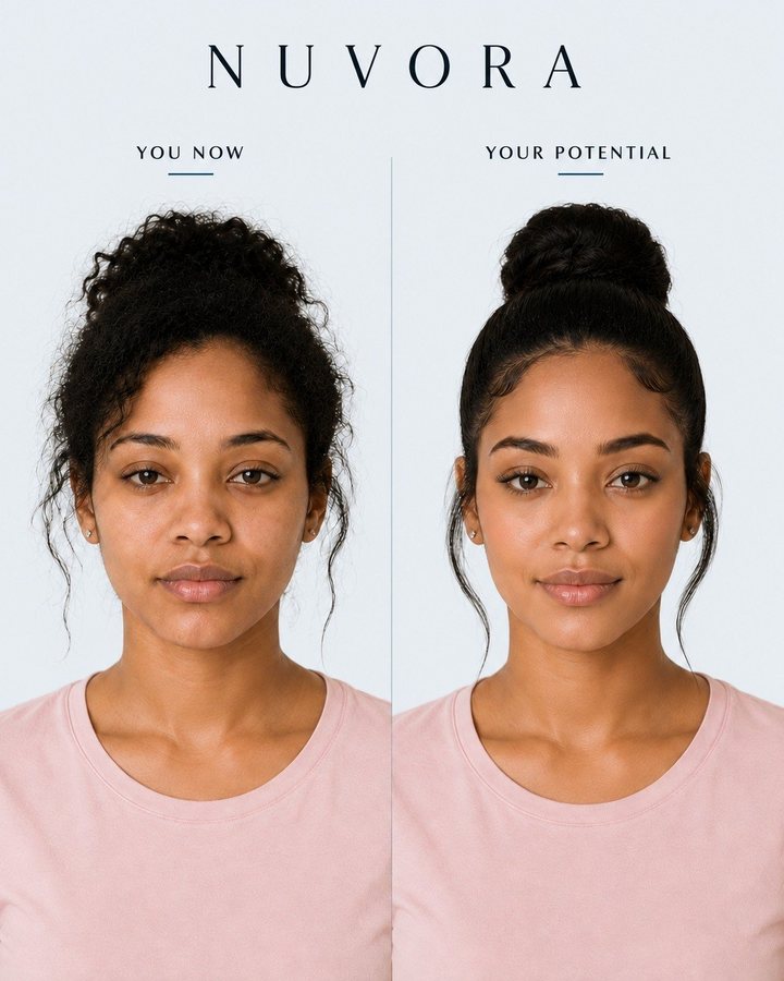 Before and after: a woman with curly hair, shown first with a loose curly updo, then with a neat high bun and softened edges.